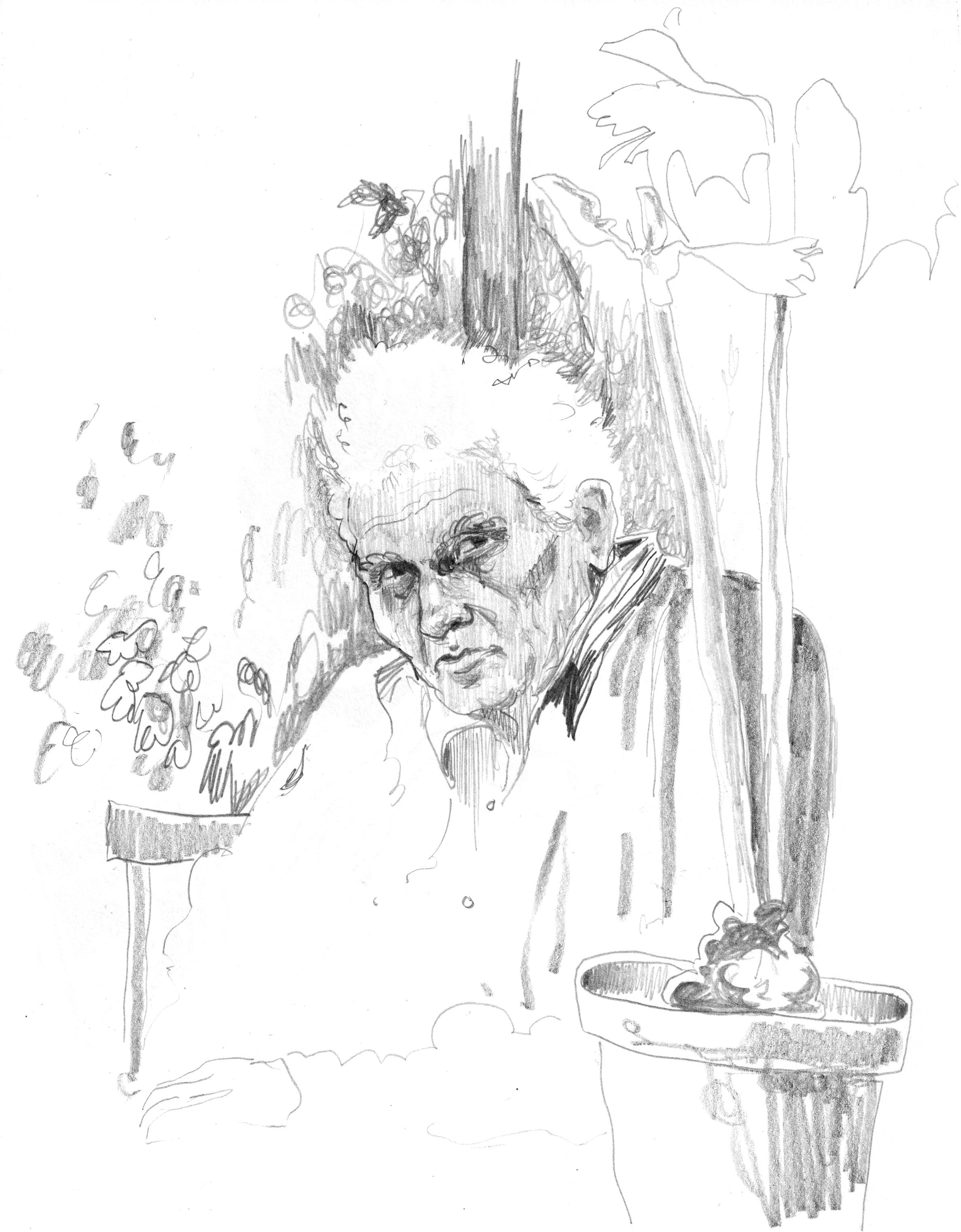 a pencil drawing of Jacques Derrida, with potted daffodils in the foreground.