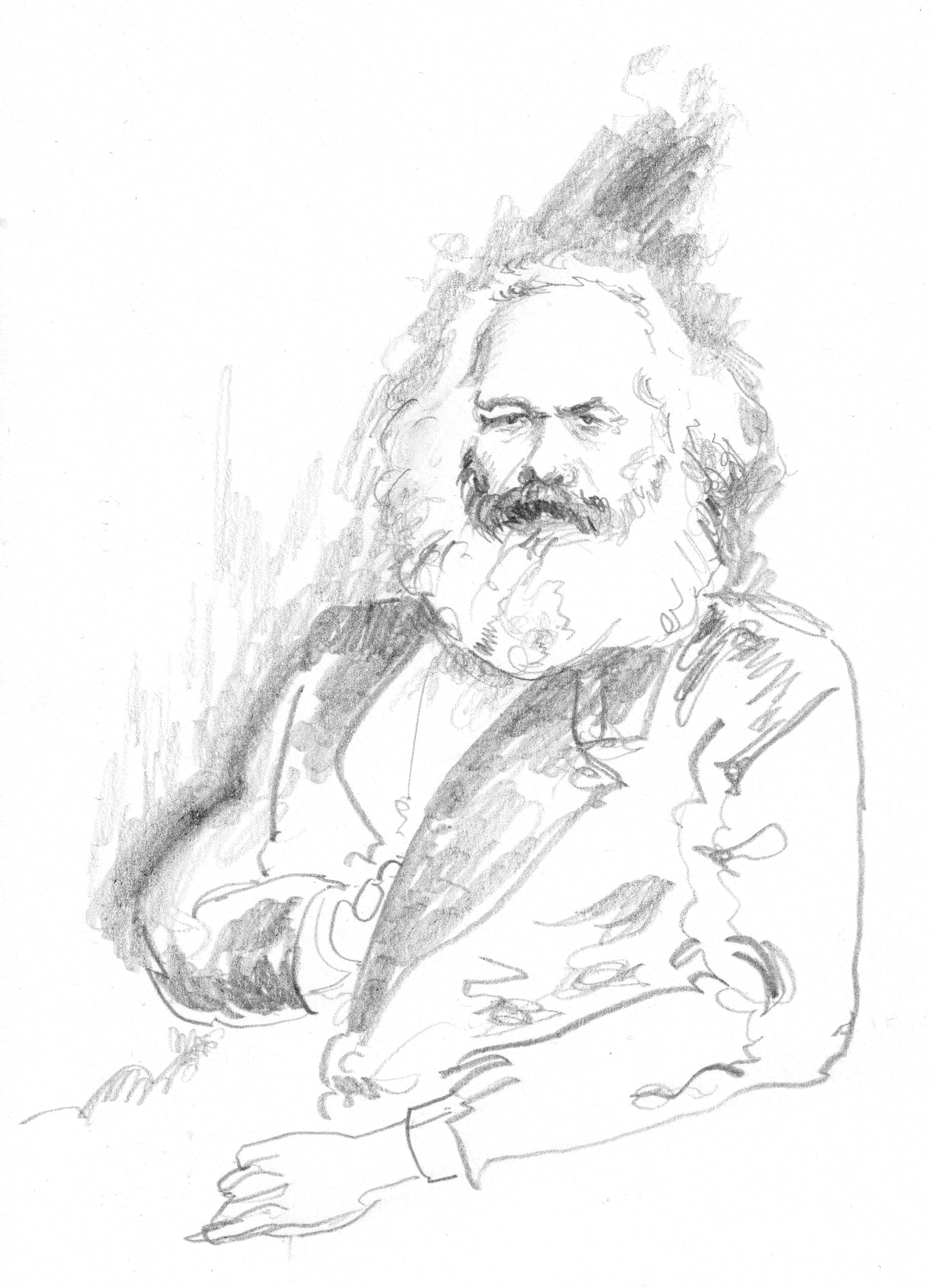 a pencil drawing of karl marx